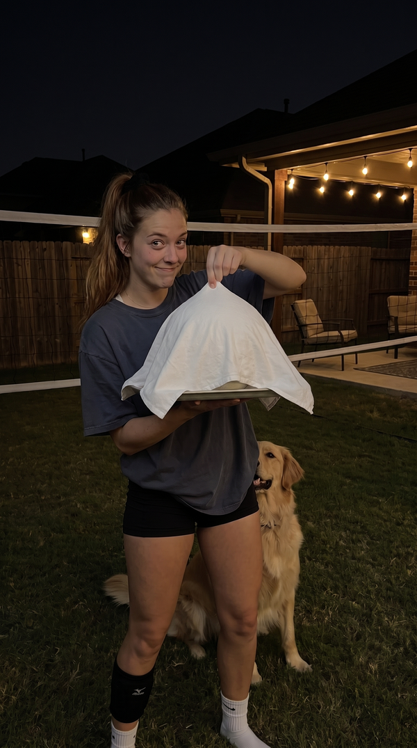 Backyard volleyball reveal at night